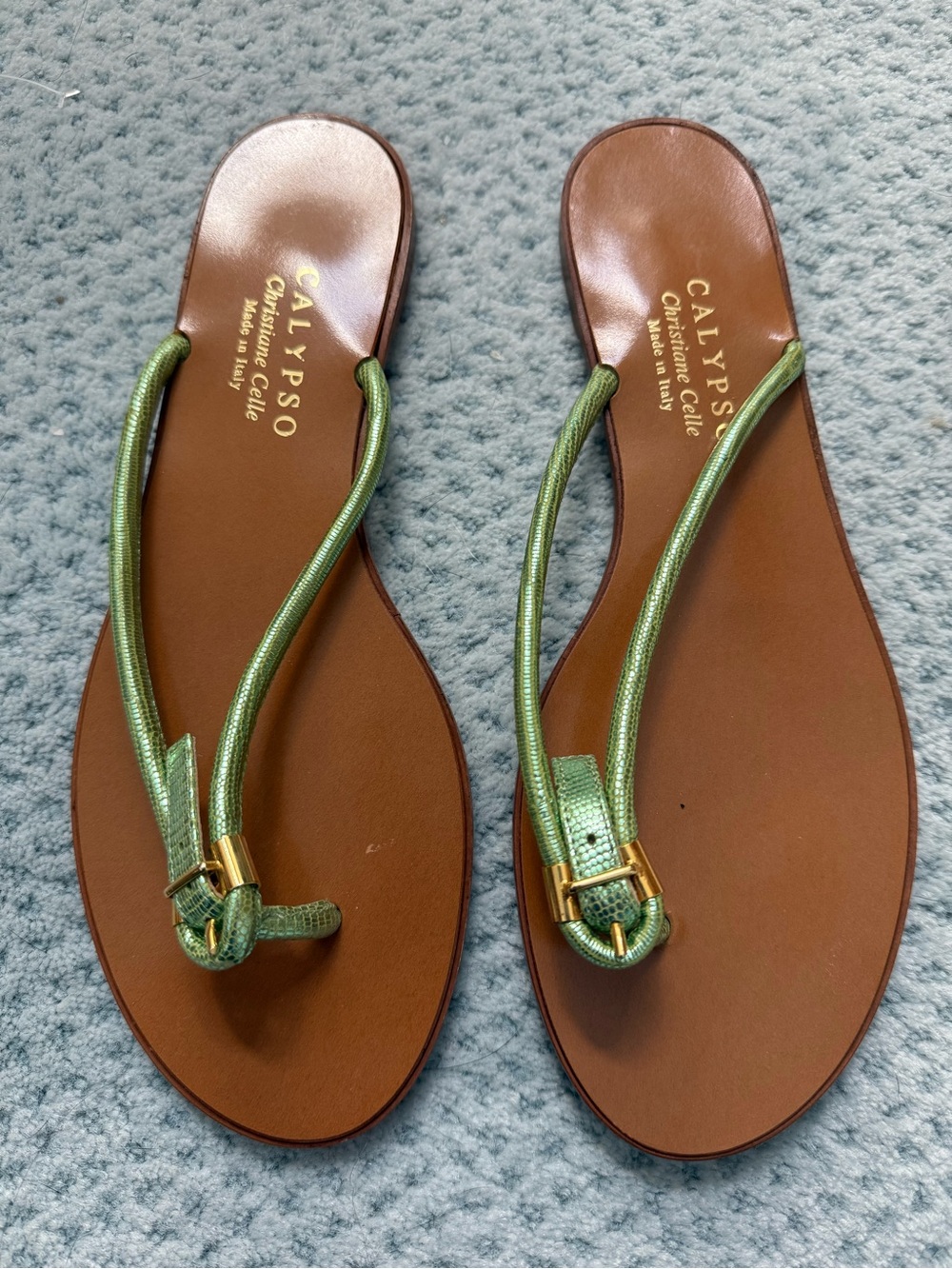 Calypso St. Barth Metallic Green Leather Toe-Loop Sandals